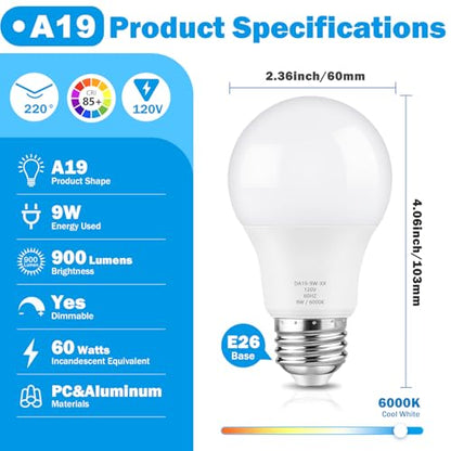 Maylaywood A19 LED Light Bulb 60W Equivalent, Dimmable 6000K Cool White - color: Cool White