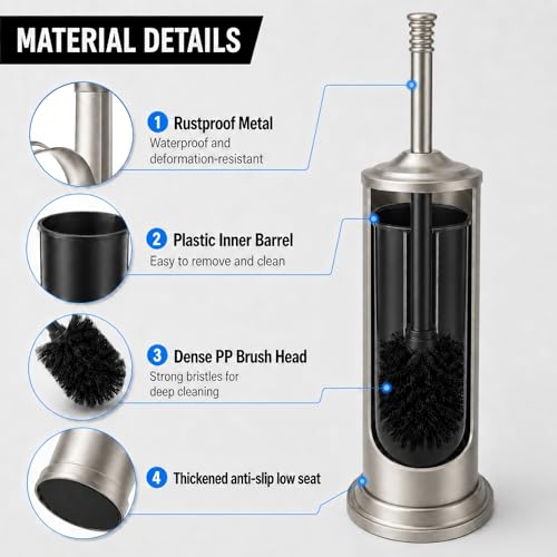Nickel Toilet Brush and Holder Set，Extra Long Handled Toilet Bowl Brush and Holder，Stainless Steel Heavy Duty Toilet Brush for Bathroom,Deep Cleaning Modern Toilet Cleaner Slip Base - color: Nickel