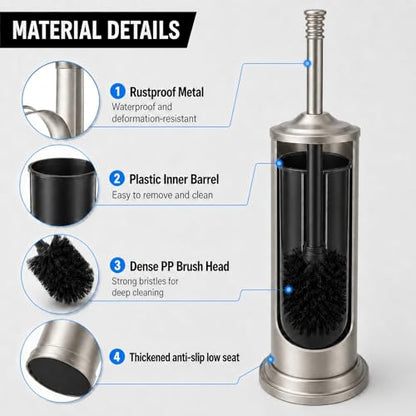 Nickel Toilet Brush and Holder Set，Extra Long Handled Toilet Bowl Brush and Holder，Stainless Steel Heavy Duty Toilet Brush for Bathroom,Deep Cleaning Modern Toilet Cleaner Slip Base - color: Nickel