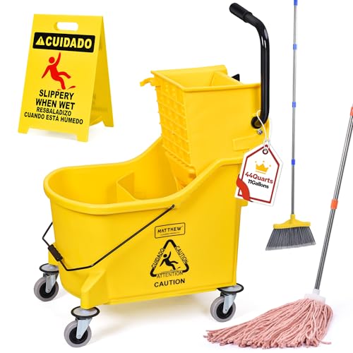 Matthew Cleaning 44Quart Commercial Mop Bucket INCL.Wet String Mop& 19'' Industrial Wet Floor Sign with Side Press Wringer On Wheels,Tandem Portable Floor Cleaning Wavebrake,Ideal for Household - color: Yellow, size: 44 Quart (Side Press Wringer)
