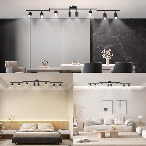 LED 8 Light Track Lighting Kit, 57.6" Black 8 Way Ceiling Spotlights Fixture, 3 CCT Adjustable, with Flexibly Rotatable Light Heads for Kitchen, Living Room, Bedroom, Includes 8 x GU10 Bulb - color: Black, size: 8
