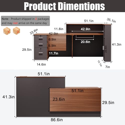 L-Shaped Reception Desk with Lockable Drawers, Adjustable File Cabinet & Keyboard Tray, Modern Front Counter for Office, Salon, or Lobby (Left-L Walnut/Slate Gray, 86.6''L x 23.6''W x 41.3''H) - color: Left-l Walnut/Slate Gray, size: 86.6''L x 23.6''W x 4