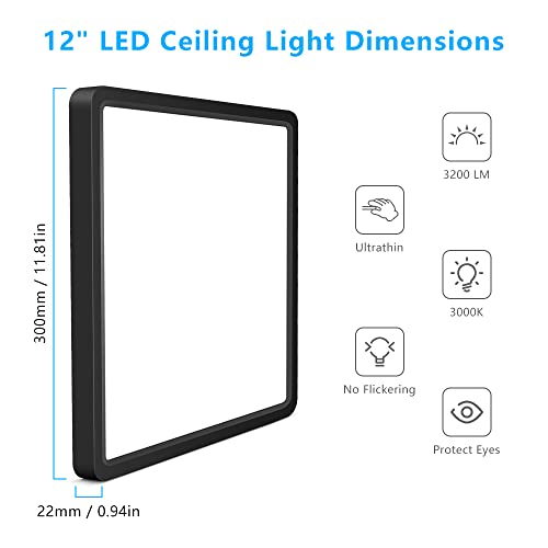 LightingWill 12Inch 24W Square LED Ceiling Light Fixtures Flush Mount, 3000K Warm White LED Ceiling Lamp, Black Surface Mount Modern Ceiling Lights for Bedroom, Kitchen, Hallway and Living Room - color: Warm White, size: 12 inch Black