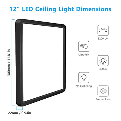 LightingWill 12Inch 24W Square LED Ceiling Light Fixtures Flush Mount, 3000K Warm White LED Ceiling Lamp, Black Surface Mount Modern Ceiling Lights for Bedroom, Kitchen, Hallway and Living Room - color: Warm White, size: 12 inch Black