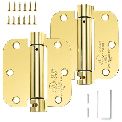 Sophia Self-Closing Door Hinge 3.5 Inch Rounded 5/8 Radius Interior, Spring Loaded Hinge Adjustable Tension for Garage Residential Standard Bedroom Indoor Doors, 2 Pack, Polished Brass, UL Listed - color: Polished Brass, size: 2 Pack