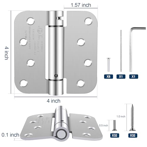 Self Closing Door Hinges 4 Inch, Spring Loaded Adjustable Tension Hinges for Garage/Front/Back Doors - UL Listed Brushed Nickel Hinges, Left/Right Hand Door Hardware with 5/8" Radius Corners (4 Pack) - size: 4" 4 Pack