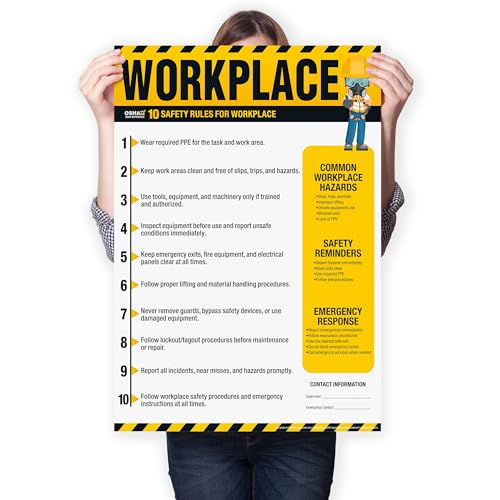 Workplace Safety Poster – OSHA Workplace Safety Rules Chart, 10 Safety Guidelines, Hazard Awareness, Emergency Response, Waterproof, Tear-Resistant Training Sign - size: Workplace