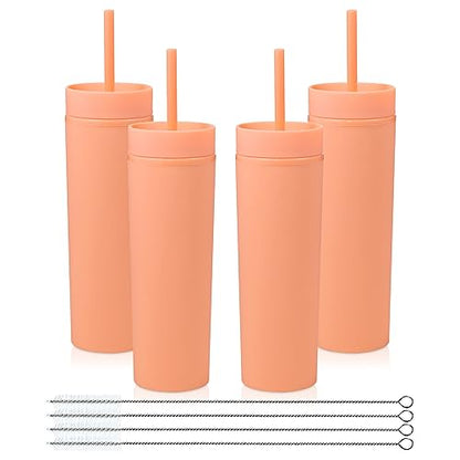 Volhoply 16oz Plastic Skinny Tumbler With Lid and Straw Bulk 4 Pack,Insulated Double Wall BPA Free Matte Acrylic Tumblers,Iced Coffee Travel Mug Reusable Party Cup,Customizable Diy Gifts(Orange,4 Set) - color: Orange