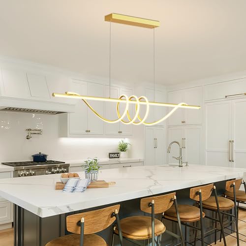 Modern LED Pendant Lights, Ceiling Chandelier Dimmable with Remote Control 3000k-6000K Adjustable Color Temperature, Aluminum Island Lighting Lamp Fixture for Kitchen, Dining Room(57in Gold) - color: A-Gold, size: 57 inch