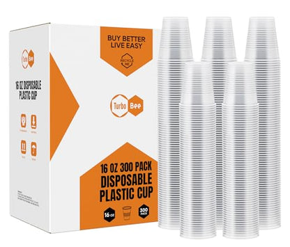 Turbo Bee 16 oz Clear Plastic Cups, 300 Count Disposable Party Cups for Beer, Soda & Iced Drinks, Bulk Cups for Barbecues & Large Gatherings - size: 16oz