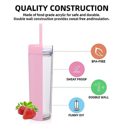 Volhoply 16oz Plastic Skinny Tumbler With Lid and Straw Bulk 4 Pack,Insulated Double Wall BPA Free Matte Acrylic Tumblers,Iced Coffee Travel Mug Reusable Party Cup,Customizable Diy Gifts(Pink,4 Set) - color: Pink