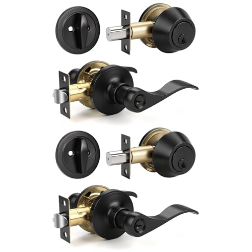 Knobonly 2 Sets of Front Exterior Door Knob Set with Single Cylinder Deadbolts in Matte Blac Finish, All Keyed Same Combo Pack, Wave Style Entry Door Lever Locks with Combinations - color: Matte Black, size: 2 Pack, style: Single Cylinder