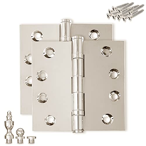 Solid Brass Door Hinge Heavy Duty Ball Bearing Shiny Silver 4x4 Inch with Decorative Screw-on Tips Included - Set of 2 Hinges (Polished Nickel) - color: Polished Nickel