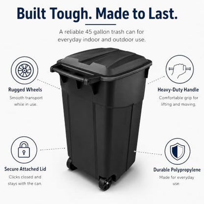 45 Gallon Outdoor Trash Can with Wheels, Heavy Duty Garbage Bin for Patio - size: 45 Gallon