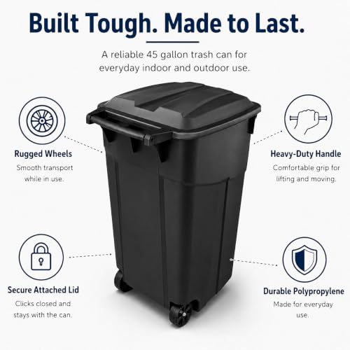 45 Gallon Outdoor Trash Can with Wheels, Heavy Duty Garbage Bin for Patio - size: 45 Gallon