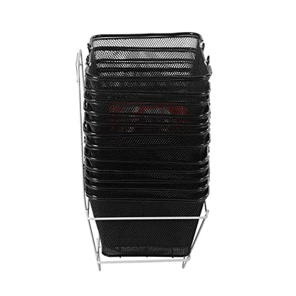 Retail Shopping Baskets, 12PCS Shopping Baskets with Handles and Stand, Metal Shopping Basket, Portable Wire Shopping Basket, Black Wire Mesh Shopping Basket Set for Stores Shopping, Grocery