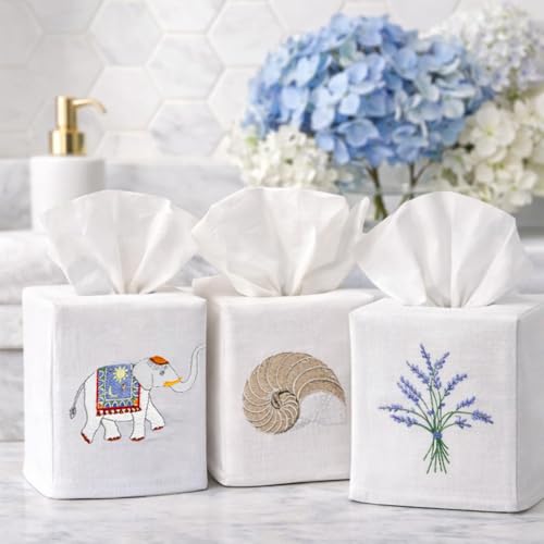 Jacaranda Living Square Tissue Box Cover, Linen/Cotton Fabric Tissue Holder, Decorative Cloth Tissue Cube Cover, Botanical Designs, Apple Blossom (White) - color: Apple Blossom (White)