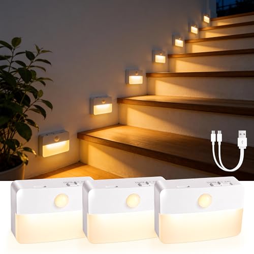 3 Pack Rechargeable Motion Sensor Stair Lights for Indoor, Wireless Battery Operated Night Light, Magnetic Led Stick On Portable Lamp for Step Hallway Closet Under Cabinet Bedroom Kitchen Bathroom - color: White - Rechargeable, size: 3 Pack