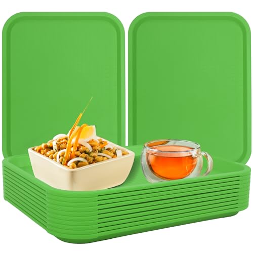 Fast Food Tray,12 Pack Plastic Serving Tray, Restaurant & Cafeteria Tray for Kitchen, Coffee Table, Party, Durable Non-Slip Black Food Trays, Reusable & Stackable,13.8x10.5 Inch (Green)