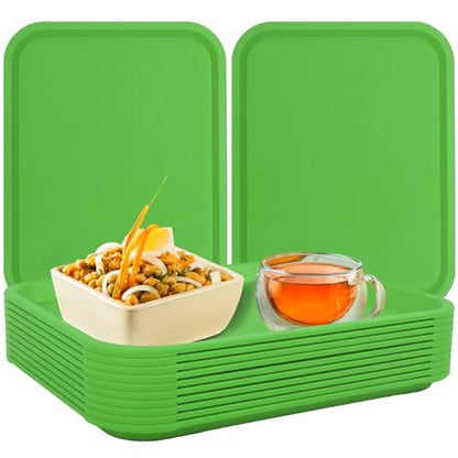 Fast Food Tray,12 Pack Plastic Serving Tray, Restaurant & Cafeteria Tray for Kitchen, Coffee Table, Party, Durable Non-Slip Black Food Trays, Reusable & Stackable,13.8x10.5 Inch (Green)