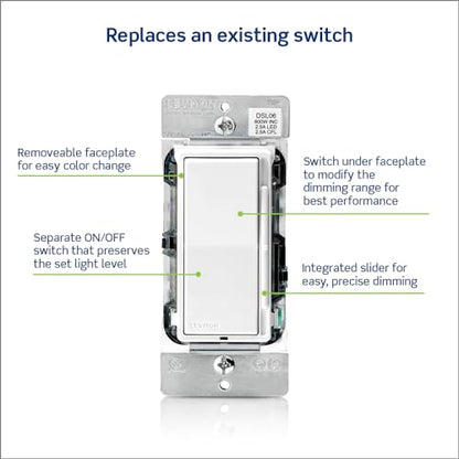 Leviton Decora Slide Dimmer Switch Antimicrobial Treated for Dimmable LED, Halogen and Incandescent Bulbs, DSL06-2AW, White