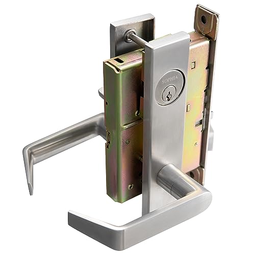 SOPHIA Commercial Heavy Duty Mortise Lockset Door Lever Lock Non-Handed Grade 1 Door Handle - Escutcheon Plate Keyed Lever Lockset, ADA, US32D Satin Chrome Finish for Classroom Door