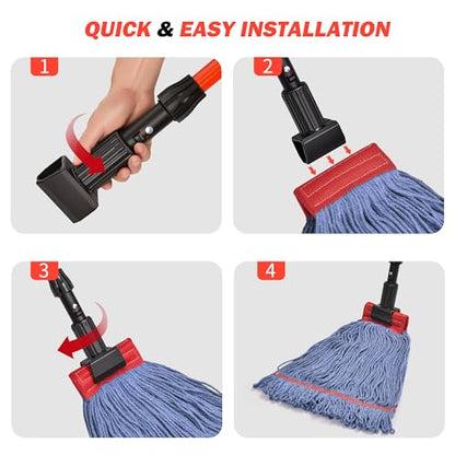 Mop with Strings Industrial Commercial Grade, 60 inch Heavy Duty One-Piece Fiberglass Handle, No Loosening, Built to Last, Reinforced Head Connection, Professional Cotton Mop for Janitorial, Garage