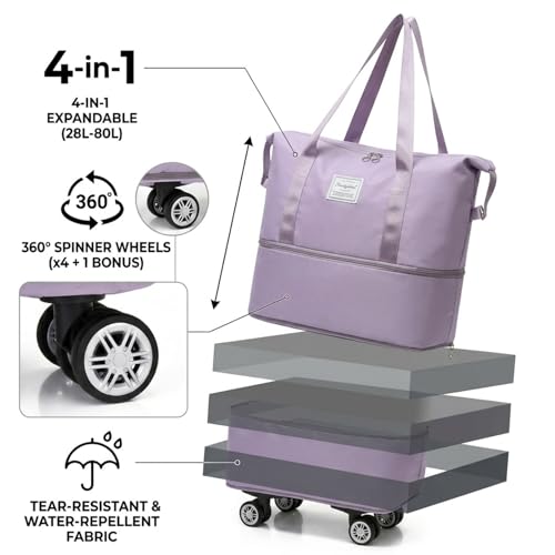 4-in-1 Expandable Rolling Duffel Bag with Detachable Wheels, 28L-80L Collapsible Luggage with Bonus Spare Wheel, Foldable Travel Trolley for Carry-On, Weekend, Shopping & Moving (Light Purple) - color: Light Purple