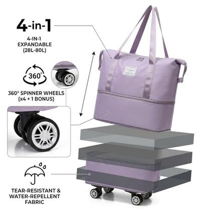 4-in-1 Expandable Rolling Duffel Bag with Detachable Wheels, 28L-80L Collapsible Luggage with Bonus Spare Wheel, Foldable Travel Trolley for Carry-On, Weekend, Shopping & Moving (Light Purple) - color: Light Purple