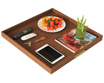 HofferRuffer Extra Large Square Serving Tray, Elegant Faux Leather Ottoman Tray with Gold Hardware Handles, Serve Tea, Coffee or Breakfast in Bed, 24 x 24 inches (Brown Shagreen) - color: Brown Shagreen, size: 24" x 24" x 2"