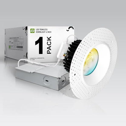 ASD 6 Inch Trimless LED Recessed Ceiling Light Fixture, Mud-in Canless Downlight with Junction Box, 5CCT Selectable 2700K-5000K, 24W 2075 Lumens, CRI90+, Anti-Glare, Dimmable, IC & Wet Rated, ETL - color: White 1 Pack, size: 6" 24 Watt