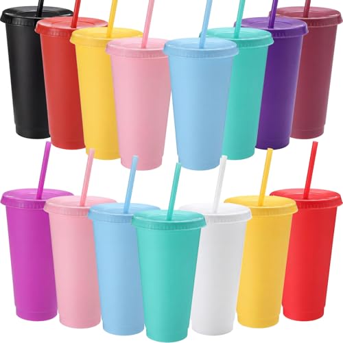 15-Count Bulk Plastic Tumblers with Snap Lids, 24oz Commercial-Grade Coffee Cups, Durable Reusable Drinkware for Restaurant, Office Use & Outdoor Events(Solid Color)