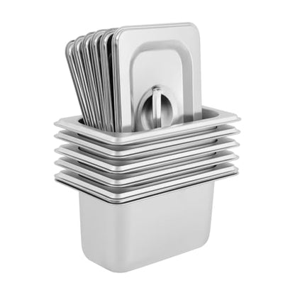 6 Pack Stainless Steel Hotel Pans with Lids, 1/9 Size or 1/4 Size Commercial Metal Food Catering Trays for Steam Table, Buffet Serving, Food Storage & Preparation (1/9 Size 2.7Qt) - size: 1/9 Size 2.7Qt
