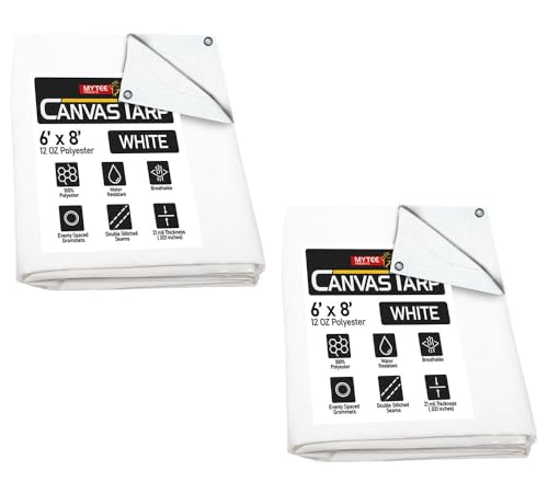 2 Pack 6' x 8' White Canvas Tarp 12oz - Water Resistant & Breathable - Heavy Duty Tarps - Multipurpose Tarpaulin Cover for Camping Tent - color: White (2 Pcs), size: 6' x 8'