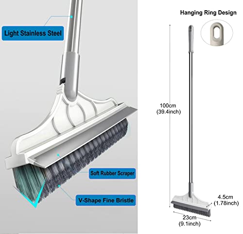 2 in 1 Cleaning Scrub Brush Grout Brush Scrape Floor Scrub Brush with Long Handle V-Shape Stiff Bristle Brush Scrubber with Squeegee 120°Rotating Shower Scruber for Cleaning Bathroom Glass Wall - color: Beige Color