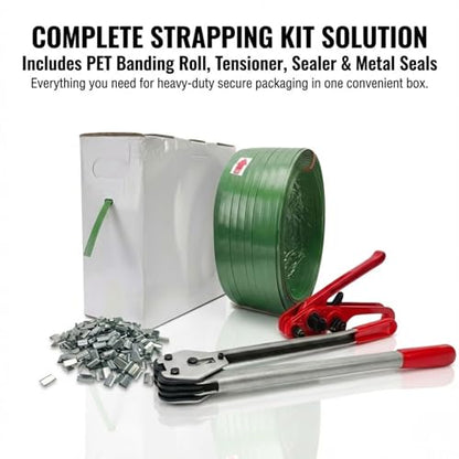 Banding Strapping Kit, Heavy Duty Pallet Strapping Kit with 5/8" x 1000' PET Banding Strap Roll, 300 Metal Seals, Poly Strapping Kit Tensioner, Bander Tool & Banding Sealer for Packaging - size: Strapping Tool Kit
