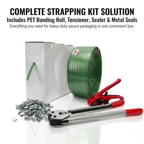 Banding Strapping Kit, Heavy Duty Pallet Strapping Kit with 5/8" x 1000' PET Banding Strap Roll, 300 Metal Seals, Poly Strapping Kit Tensioner, Bander Tool & Banding Sealer for Packaging - size: Strapping Tool Kit