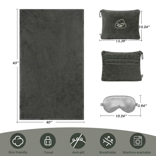 Travel Blanket, Airplane Blanket, Ultra-Soft, Warm & Lightweight, 65x40 in, Outdoor Blanket Essentials for Women, Men & Kids, Included Eye Mask, Luggage Sleeve & Backpack Clip Dark Grey - color: Dusty Gray