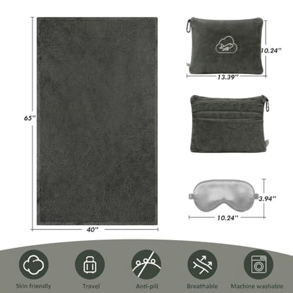 Travel Blanket, Airplane Blanket, Ultra-Soft, Warm & Lightweight, 65x40 in, Outdoor Blanket Essentials for Women, Men & Kids, Included Eye Mask, Luggage Sleeve & Backpack Clip Dark Grey - color: Dusty Gray