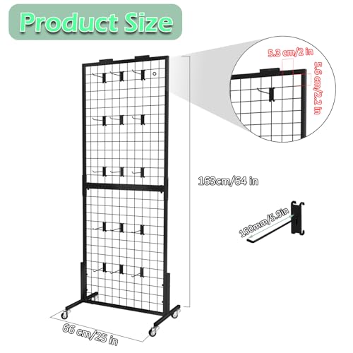 Grid Wall Panels Display Rack with Wheels & 15 Hooks for Retail Craft Show - size: 1pcs