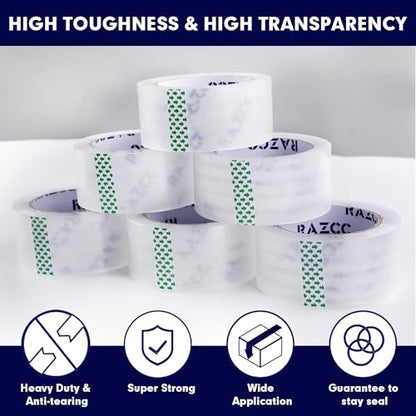 RAZCC Packing Tape, 12 Rolls Clear Heavy Duty Packaging Tape with Dispensers for Packing, Shipping, Moving and Mailing, Thicker Sealing Tape-1.88" x 65 Yards Per Roll, 780 Total Yards - size: 1.88"-12 Rolls