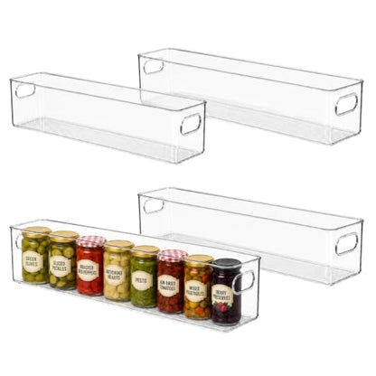 primebox Plastic Food Storage 4 Pack Clear Container Bin with Handles for Organizing Kitchen, Pantry, Refrigerator, Freezer, Pantry, Cabinet, Closet, Bathroom. 20”x4”x5” - size: 20x4x5
