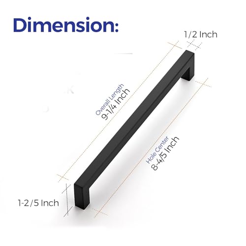 Ravinte Matte Black Cabinet Handles Square Pulls 8-4/5 Inch 10 Pack - size: 9-1/4 Inch (8-4/5 Inch Hole Center)