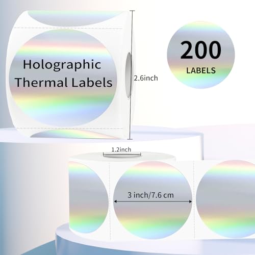 3" Holographic Direct Thermal Label Stickers, Round Printable Rainbow Glitter Thermal Printer Sticker Labels for Gift Wrapping, Self-Adhesive DIY Custom Logo Design- Holographic Silver - color: Holographic Silver, size: 3 inch