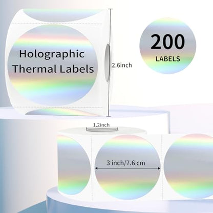 3" Holographic Direct Thermal Label Stickers, Round Printable Rainbow Glitter Thermal Printer Sticker Labels for Gift Wrapping, Self-Adhesive DIY Custom Logo Design- Holographic Silver - color: Holographic Silver, size: 3 inch