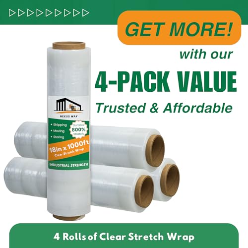 NEXUSWAY 4 Rolls 18'' Shrink Wrap for Moving - Stretch Film Pallet Wrap Roll Heavy Duty 1000 feet 80 Gauge Industrial Strength up to 800% Stretch 20 Microns for Shipping Moving Furniture - style: Pack of 4
