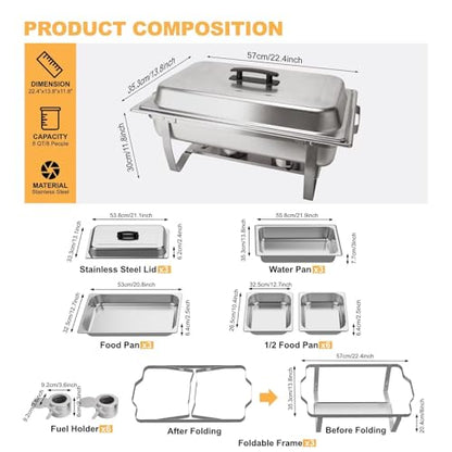 Festa Essential 3 Pack 8QT Rectangular Chafing Dish Buffet Set Stainless Steel Catering Chafers Food Warmer with Full,Half Food Pan,Fuel Holder,Foldable Frame For Weddings/Parties/Banquets Events - size: 1/1 pan*3, 1/2 pan*6