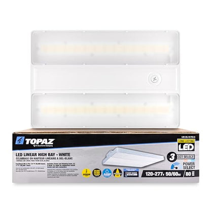 Topaz LHB-30L-W-PCS-U LED Linear High Bay Light 18 Inch - White, Power Select 120-277V, CCT Select 3500K/4000K/5000K, 18500-30000 Lumens, Aluminum Body, CRI 80, Sensor Ready, 50000 Hour LED Light