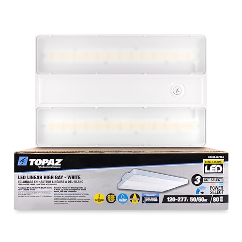 Topaz LHB-30L-W-PCS-U LED Linear High Bay Light 18 Inch - White, Power Select 120-277V, CCT Select 3500K/4000K/5000K, 18500-30000 Lumens, Aluminum Body, CRI 80, Sensor Ready, 50000 Hour LED Light