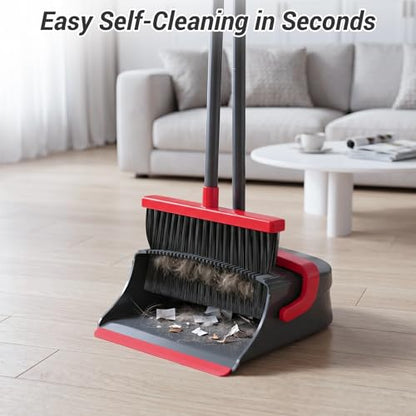 Broom with Dustpan Set for Pet Hair & Dust Cleanup, Red & Gray - color: Red & Gray